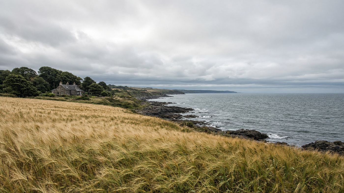 Angus coastline near Carnoustie, barley fields meeting the North Sea
