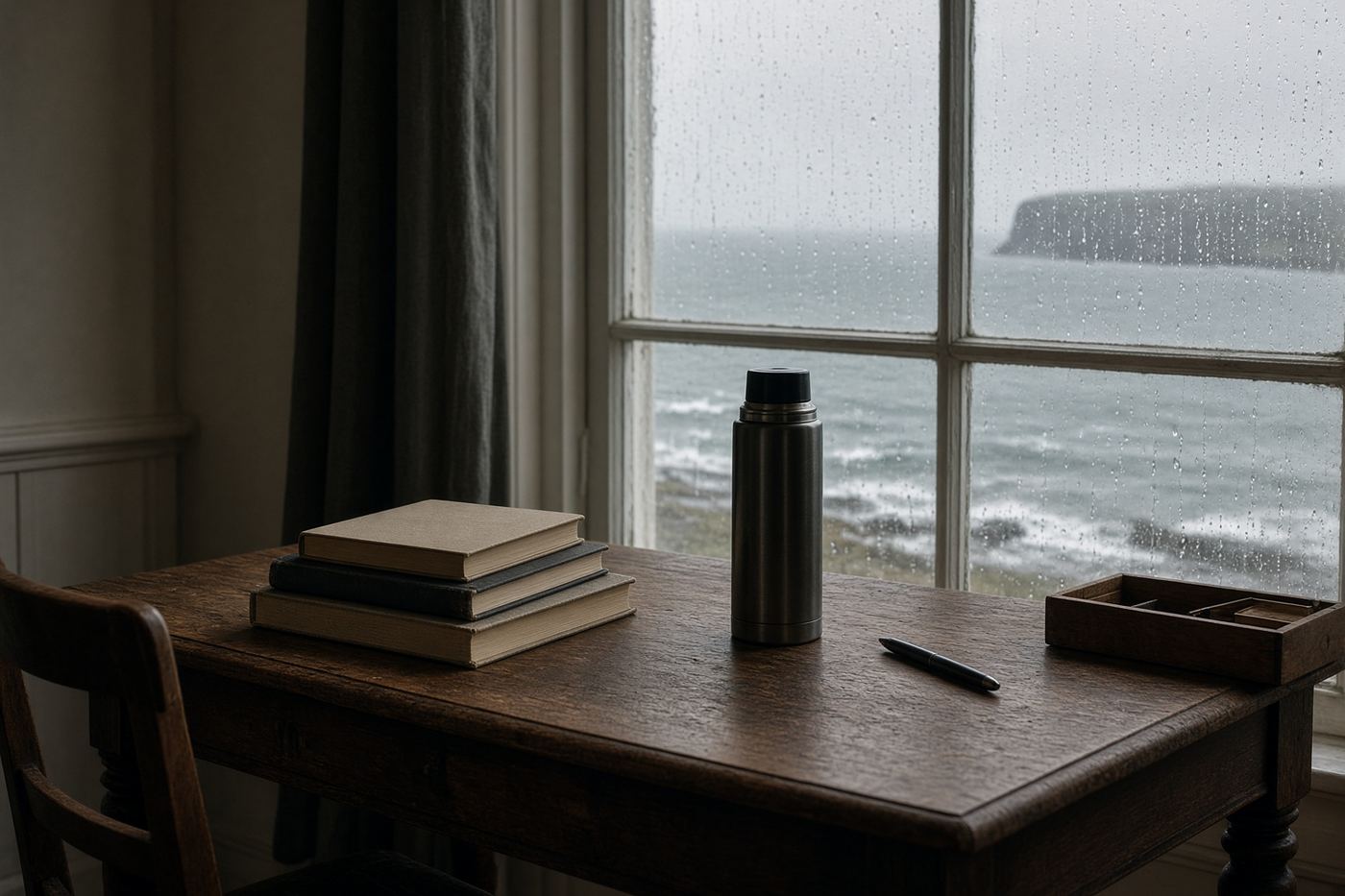 Writing desk beside a sash window looking onto a grey North Sea