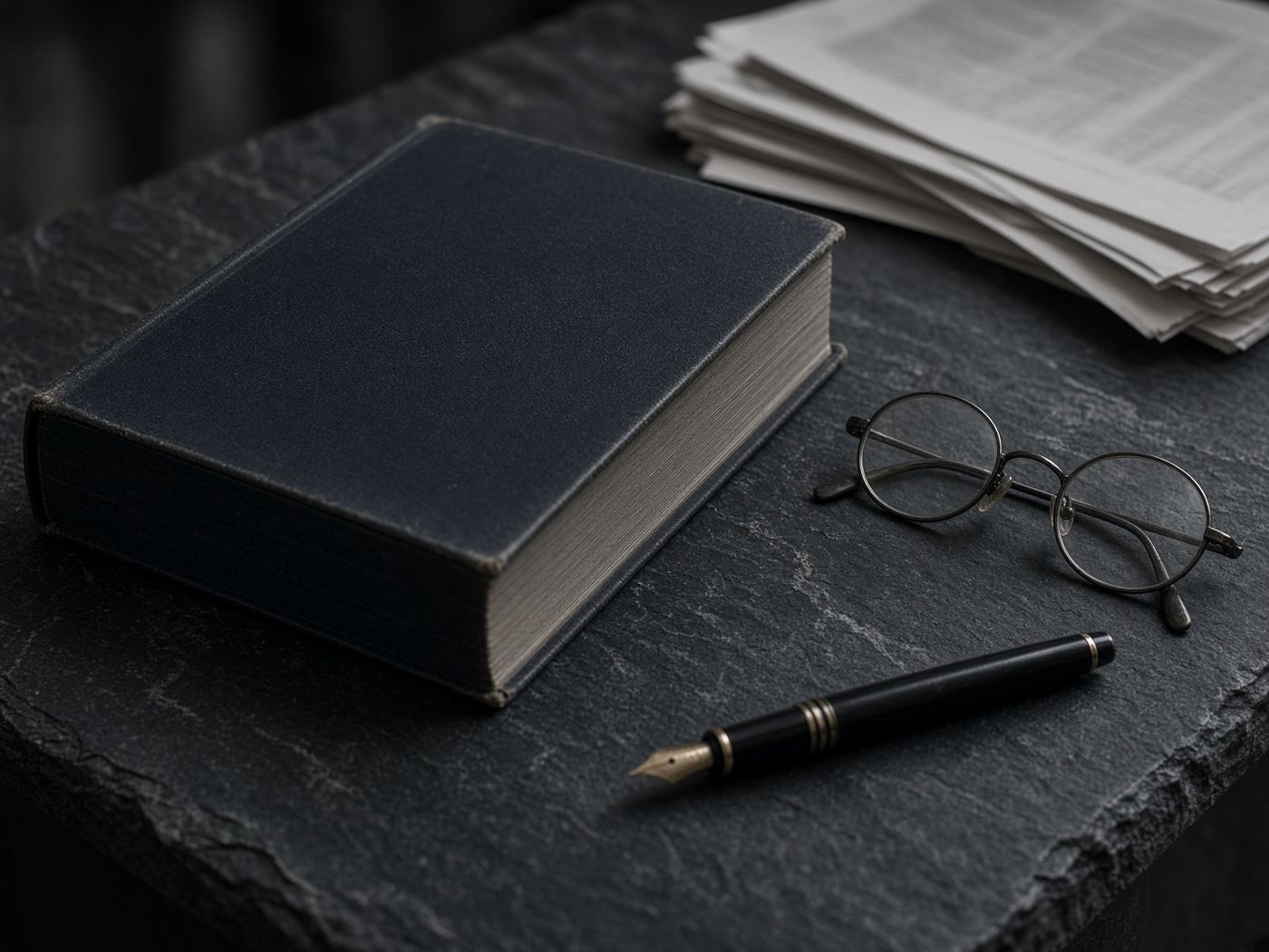 Legal volumes, fountain pen and spectacles on a slate table
