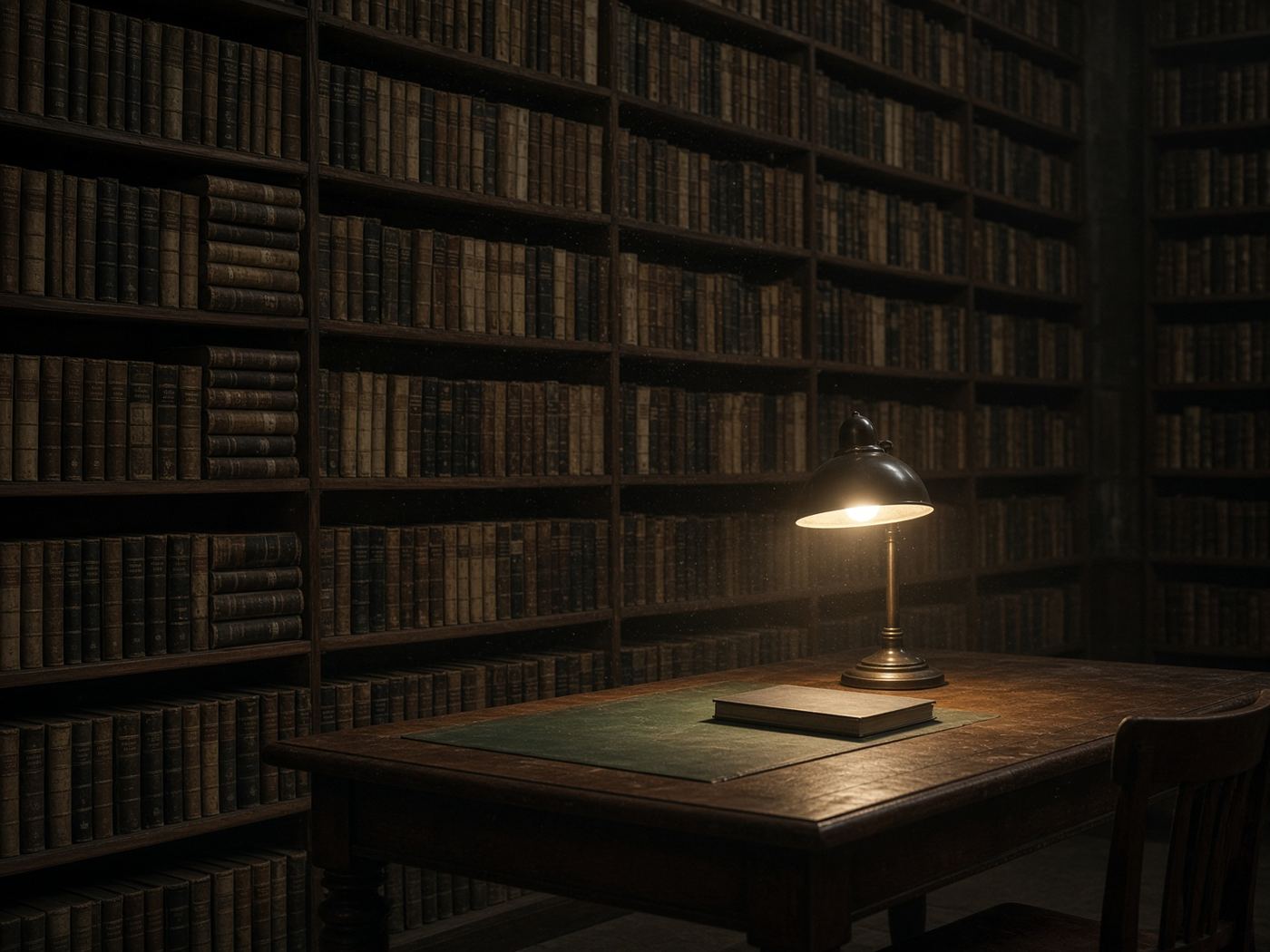 Newspaper archive with bound volumes and a pool of lamp light