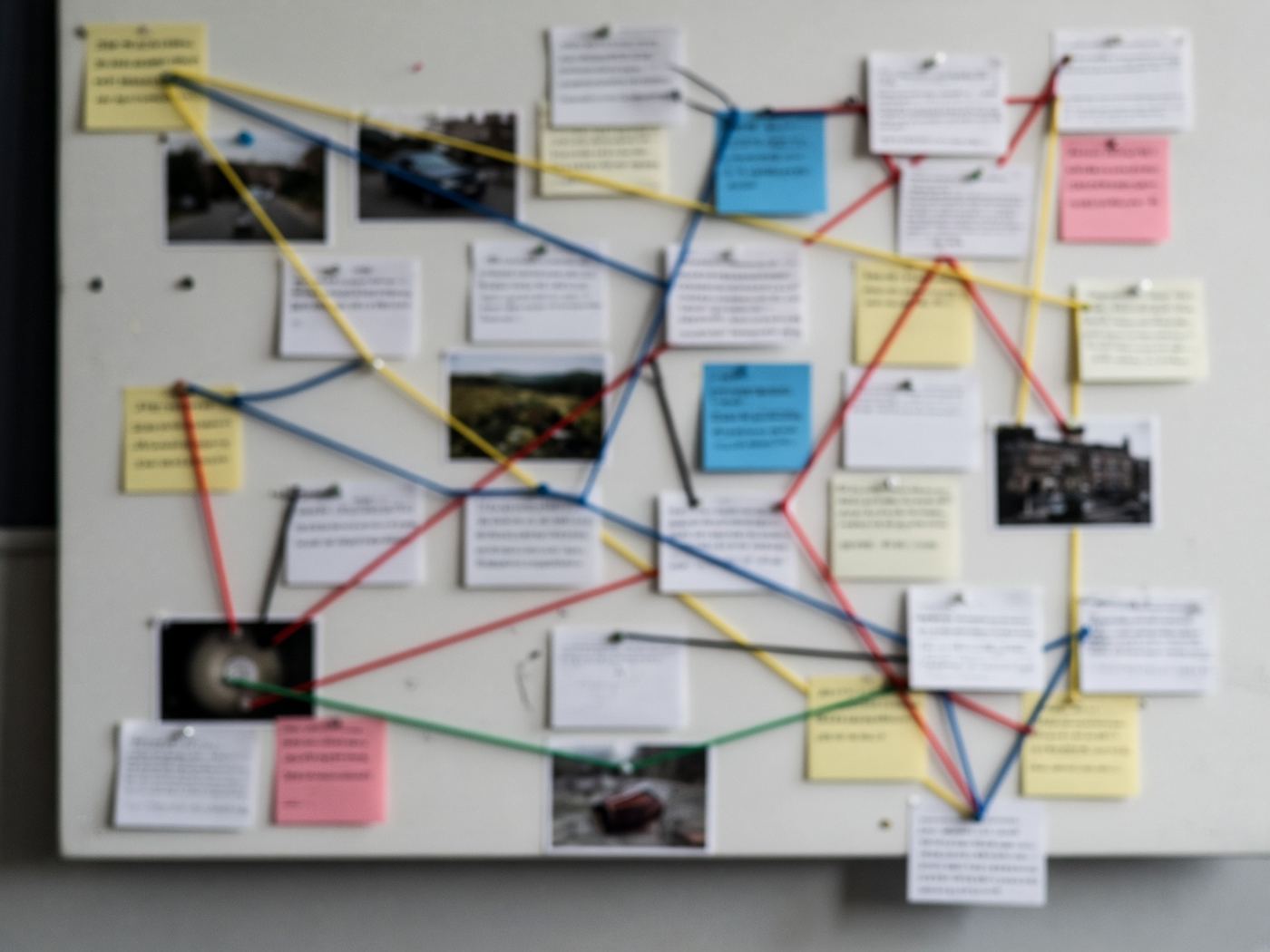Investigative planning wall with string and index cards