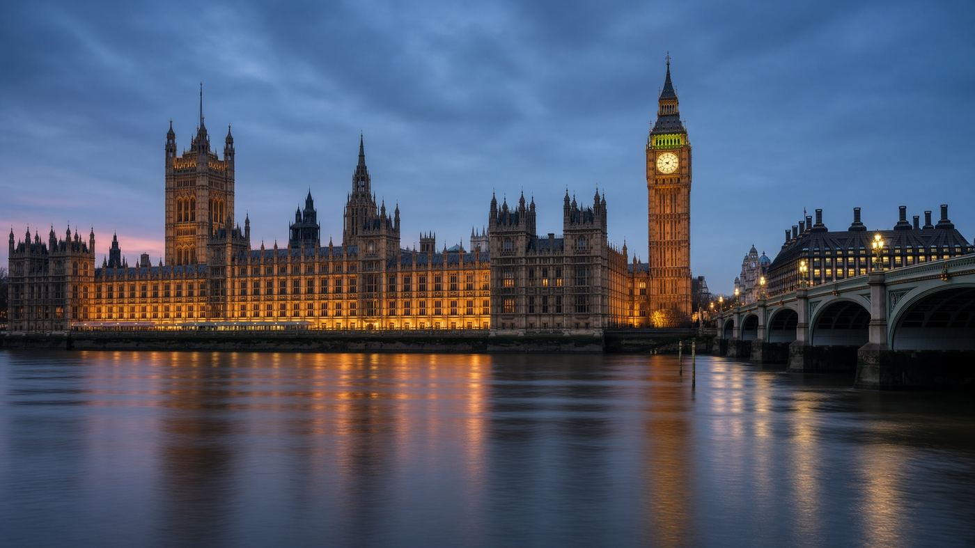Palace of Westminster at blue hour across the Thames