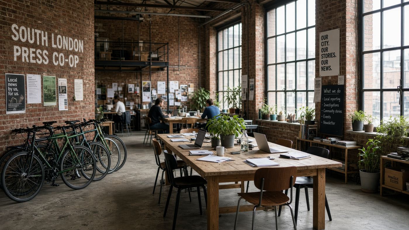 Co-operatively run city newsroom in a brick warehouse