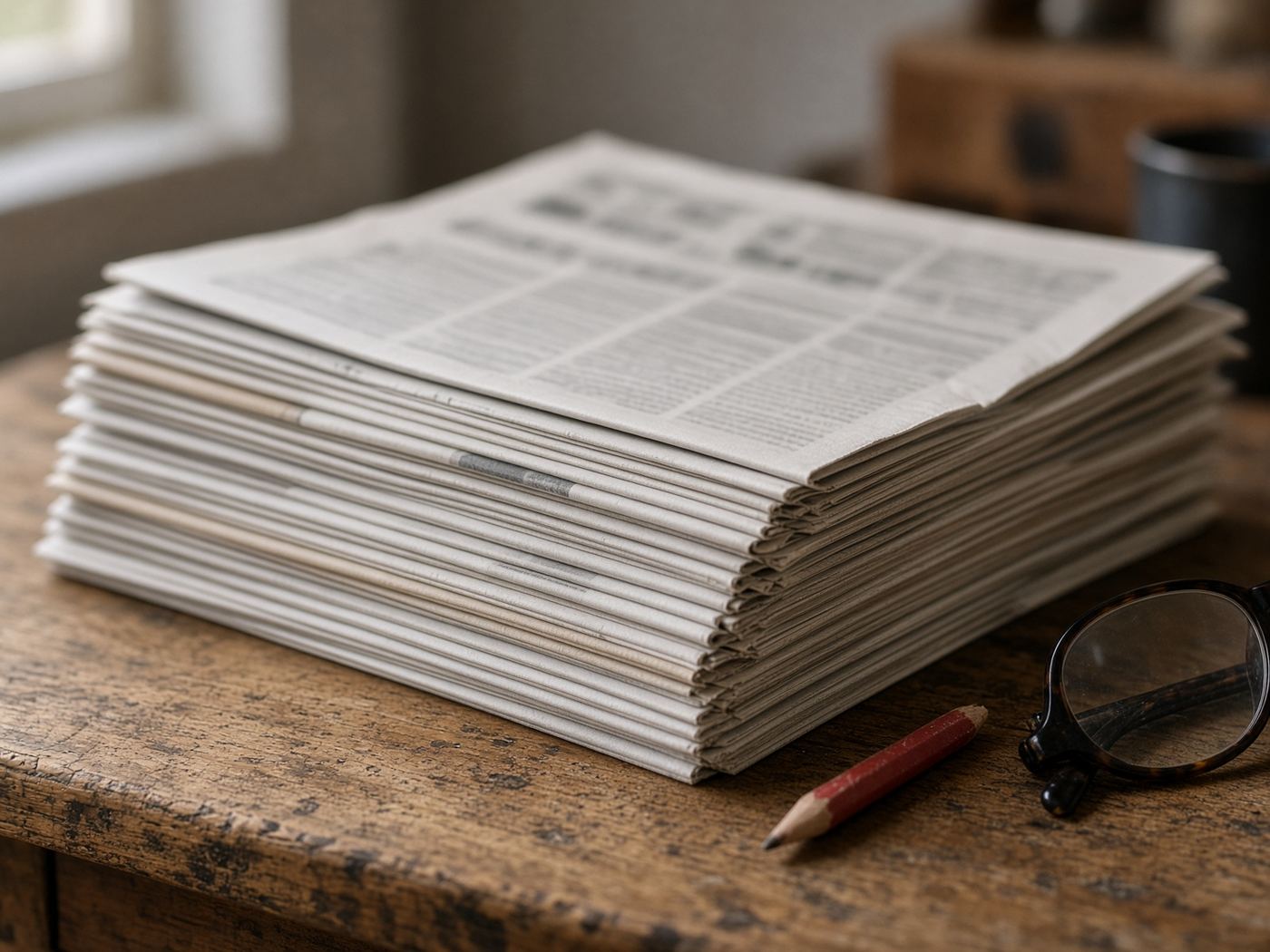 Folded newspapers and a red pencil on a worn oak desk