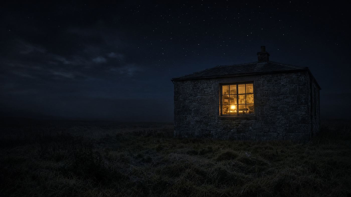 A single lit window in a stone Scottish farmhouse at night