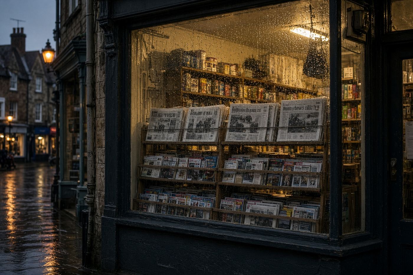Rainy British high street newsagent window at dusk