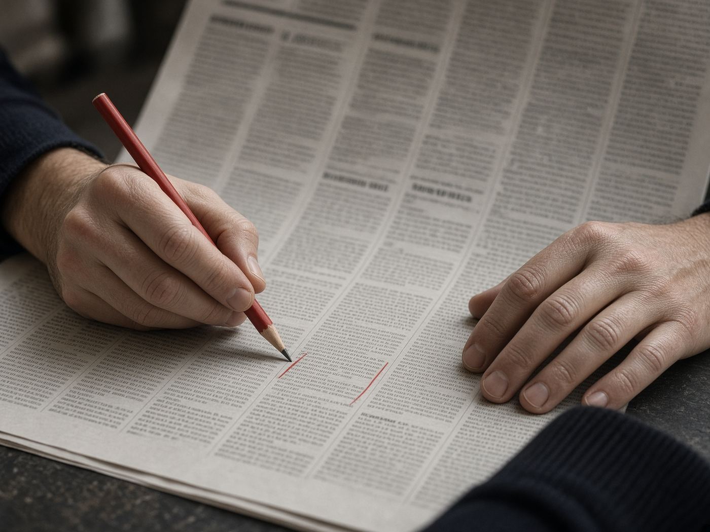 Hands annotating a broadsheet with a red pencil