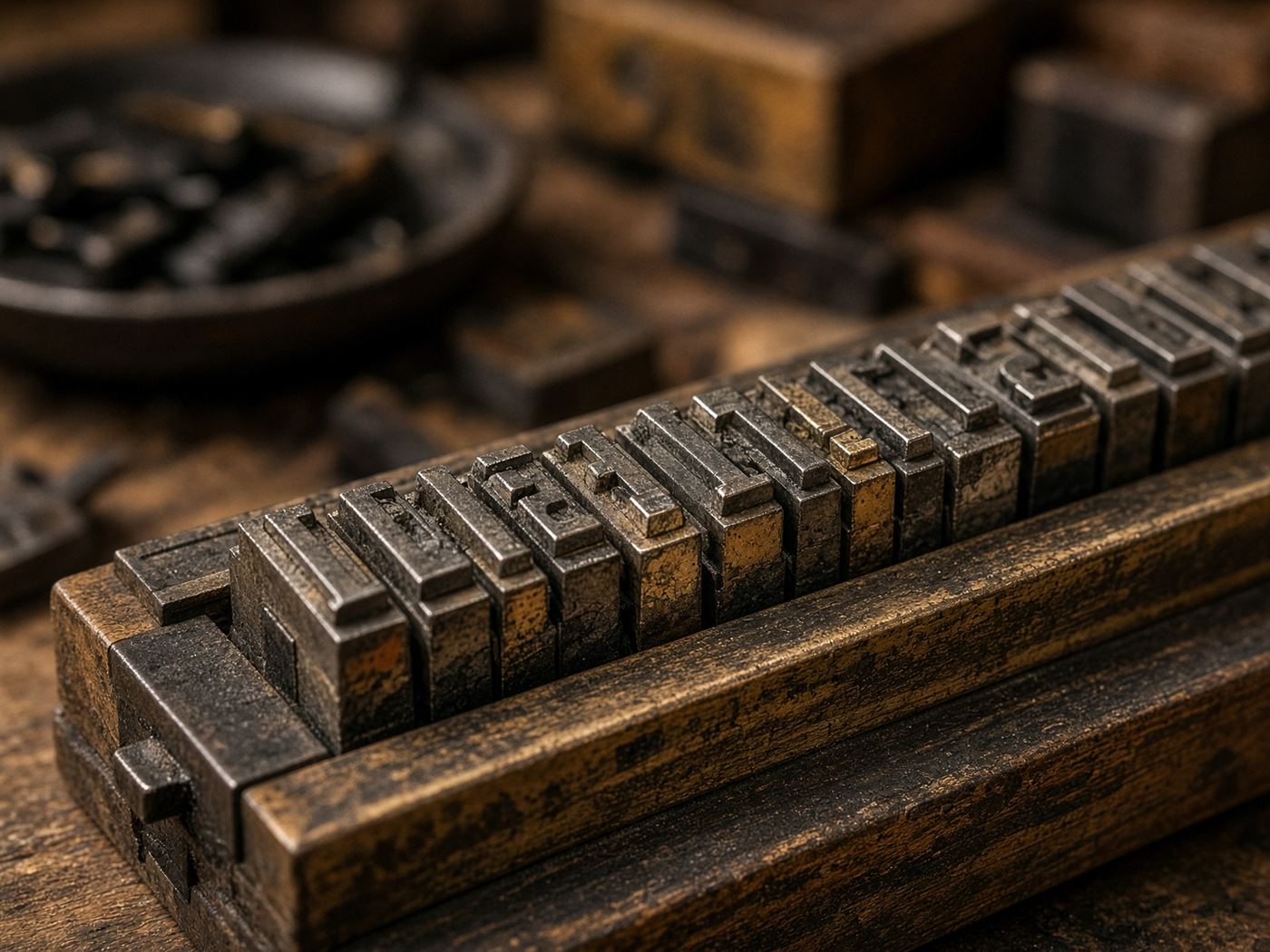 Metal letterpress type in a wooden composing stick