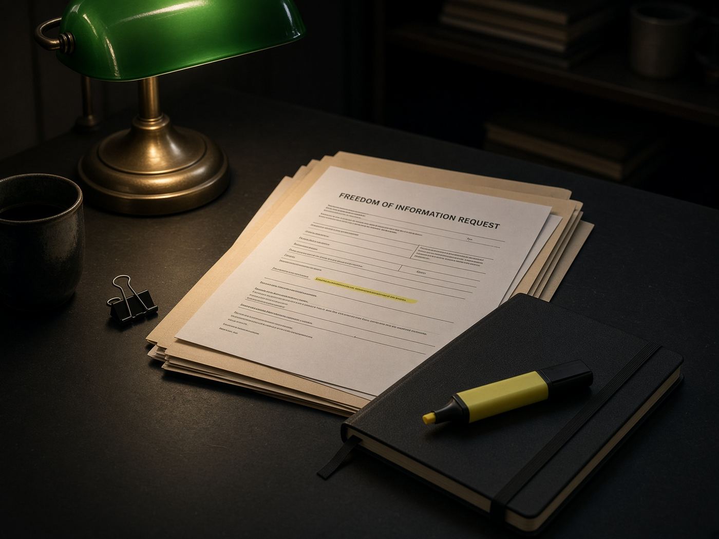 Freedom of Information papers and folders under a banker’s lamp