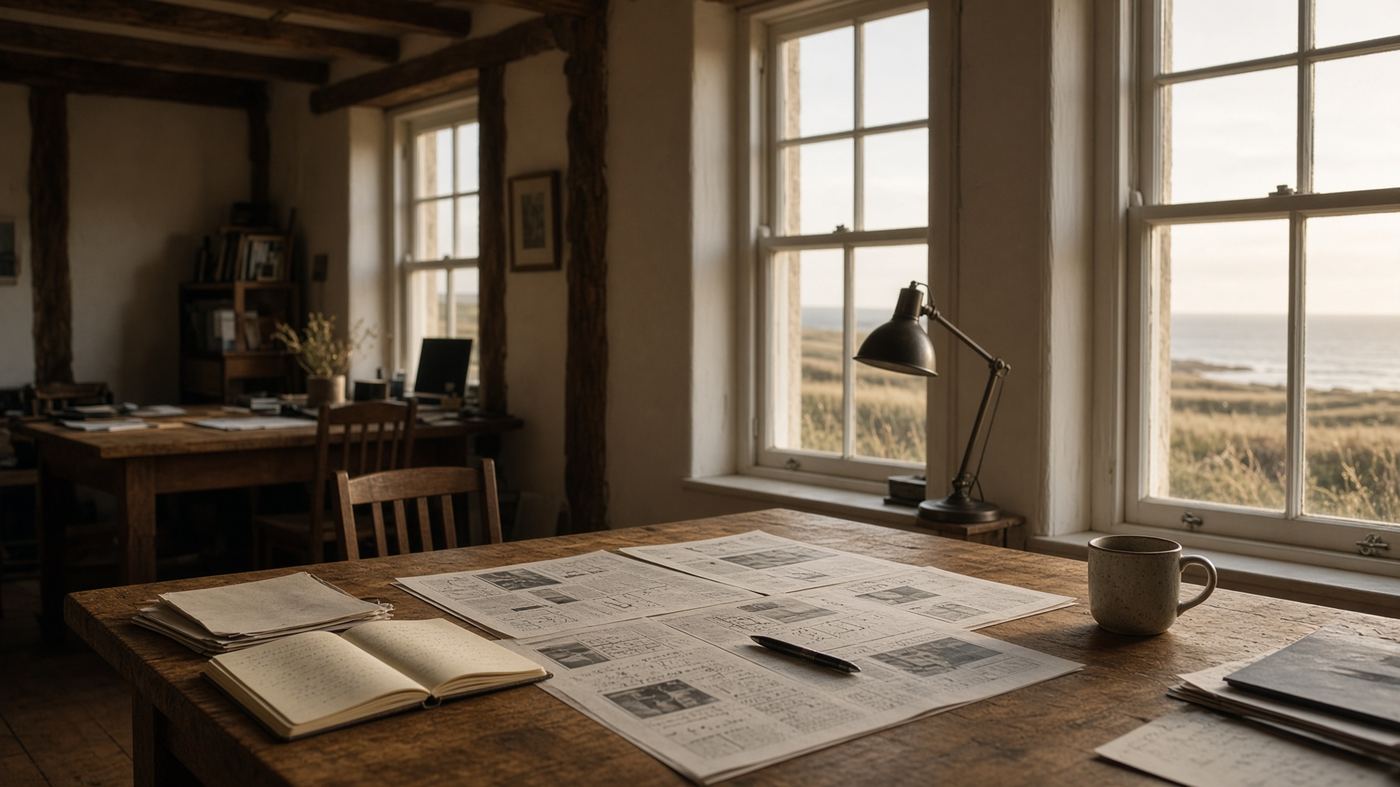 Editorial desk in a converted Angus farmhouse, late afternoon light through sash windows