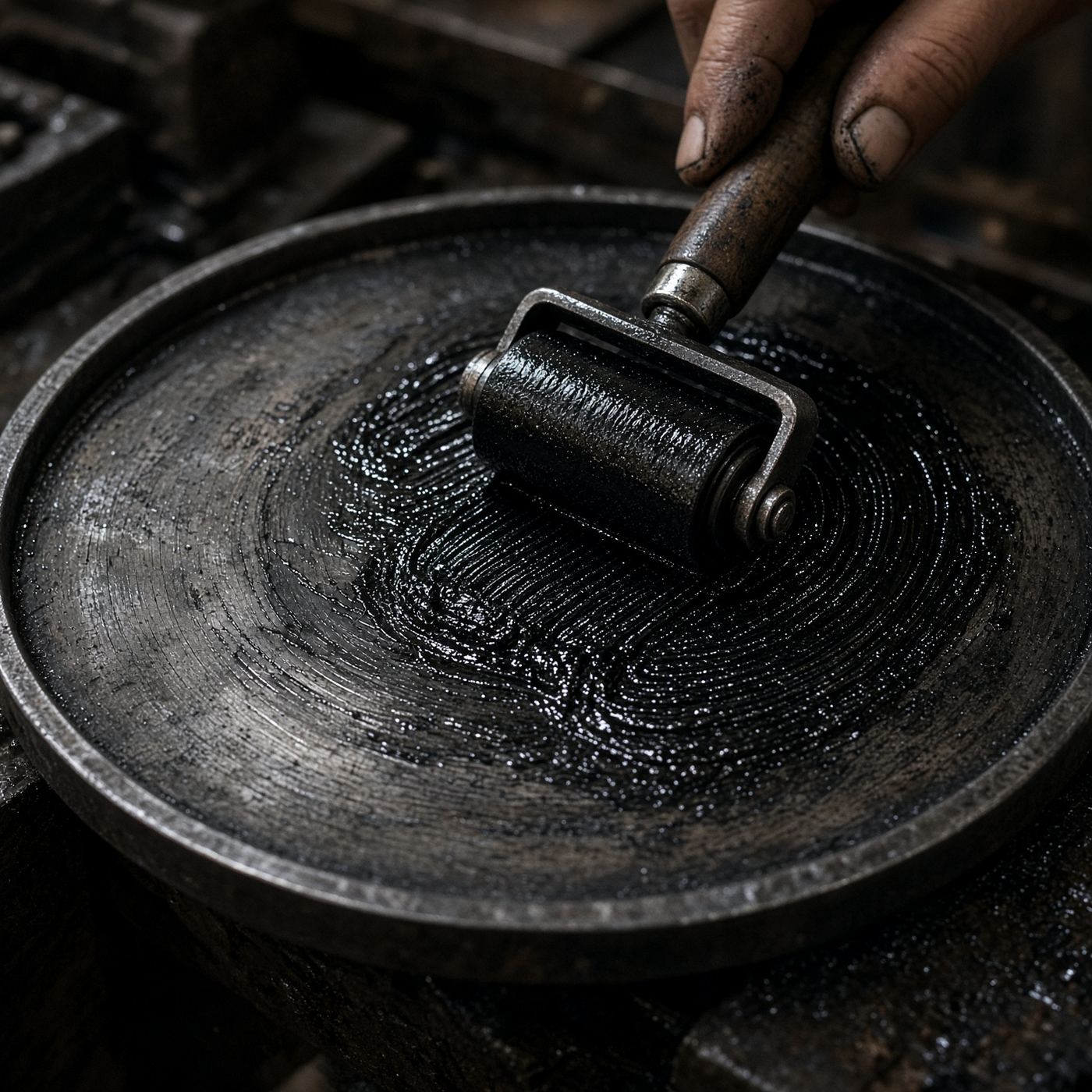 Letterpress ink and brayer on a steel plate