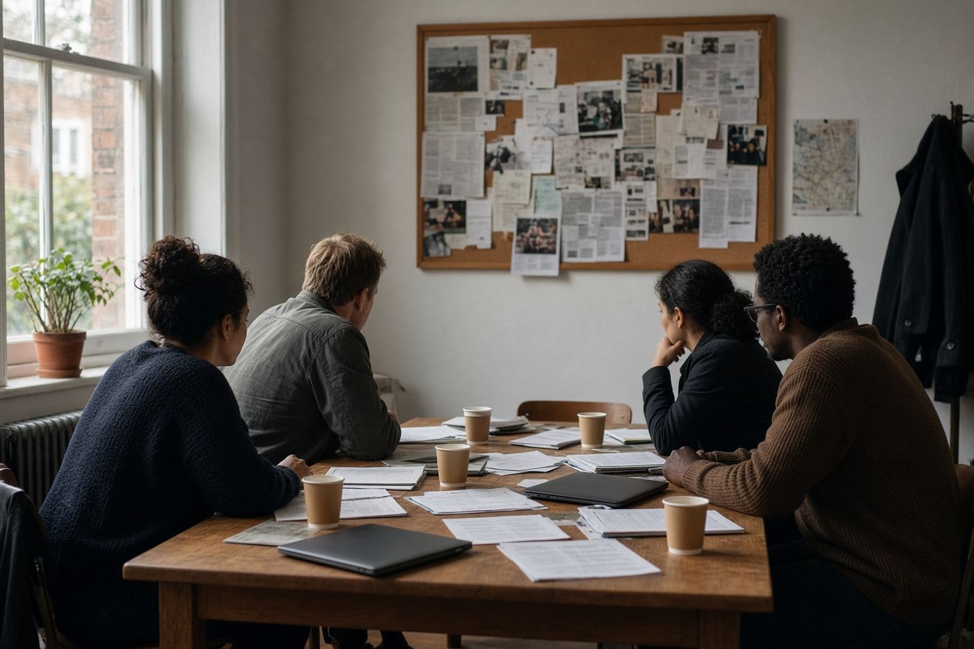 A small independent newsroom table in natural window light