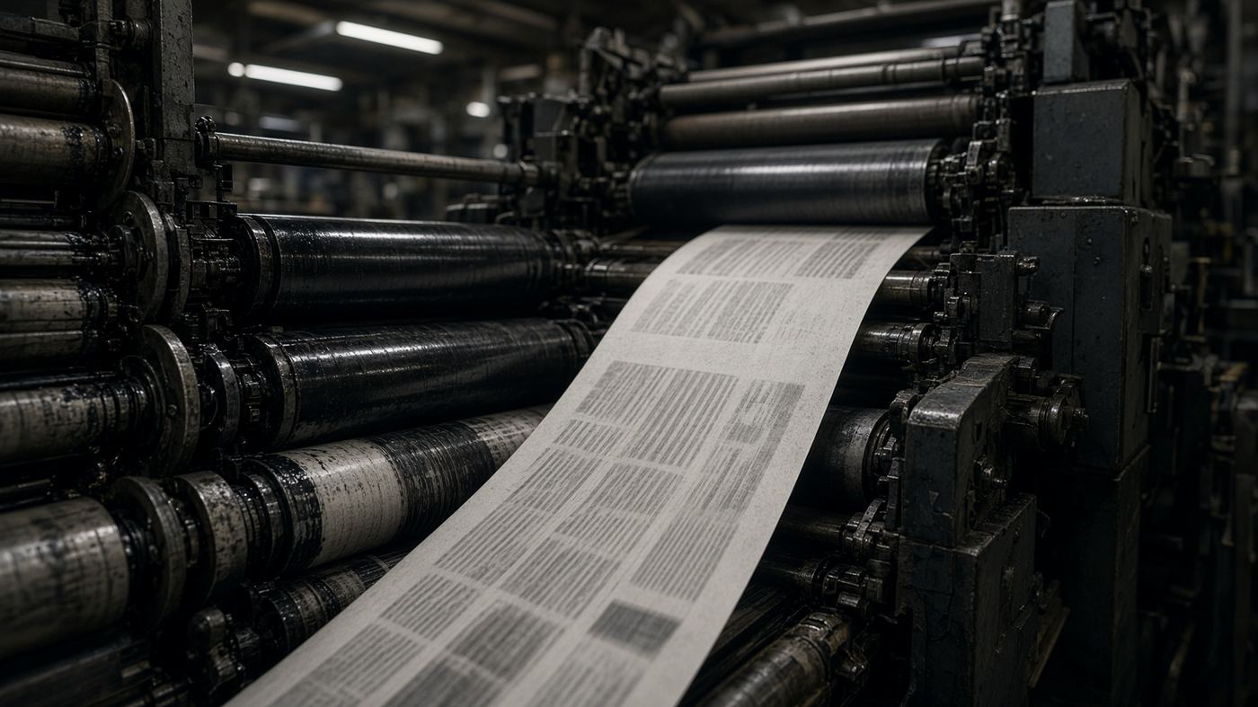 Industrial newspaper printing press with inked rollers